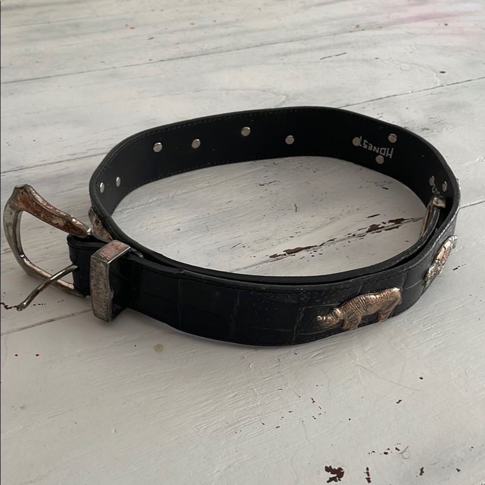 Honest size 28 animals Black Leather Belt with Silver Accents adjustable XS-S